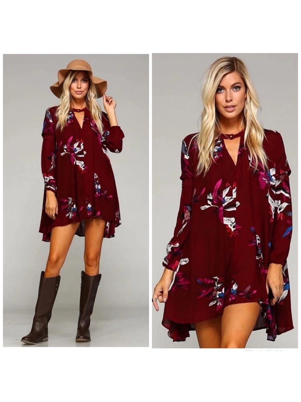 FREE PEOPLE Electric Orchid Swing Dress Tunic Burgundy Floral